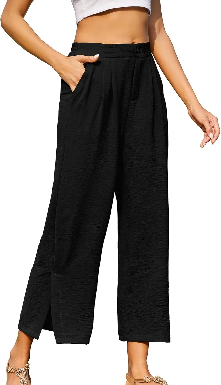 Women's Casual Wide Leg Pants Elastic High Waist Button Up Capri Palazzo Trousers with Pockets