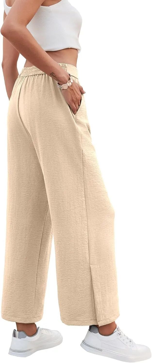 Women's Casual Wide Leg Pants Elastic High Waist Button Up Capri Palazzo Trousers with Pockets