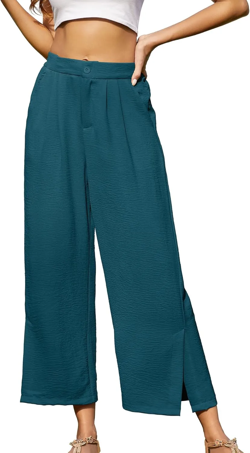 Women's Casual Wide Leg Pants Elastic High Waist Button Up Capri Palazzo Trousers with Pockets