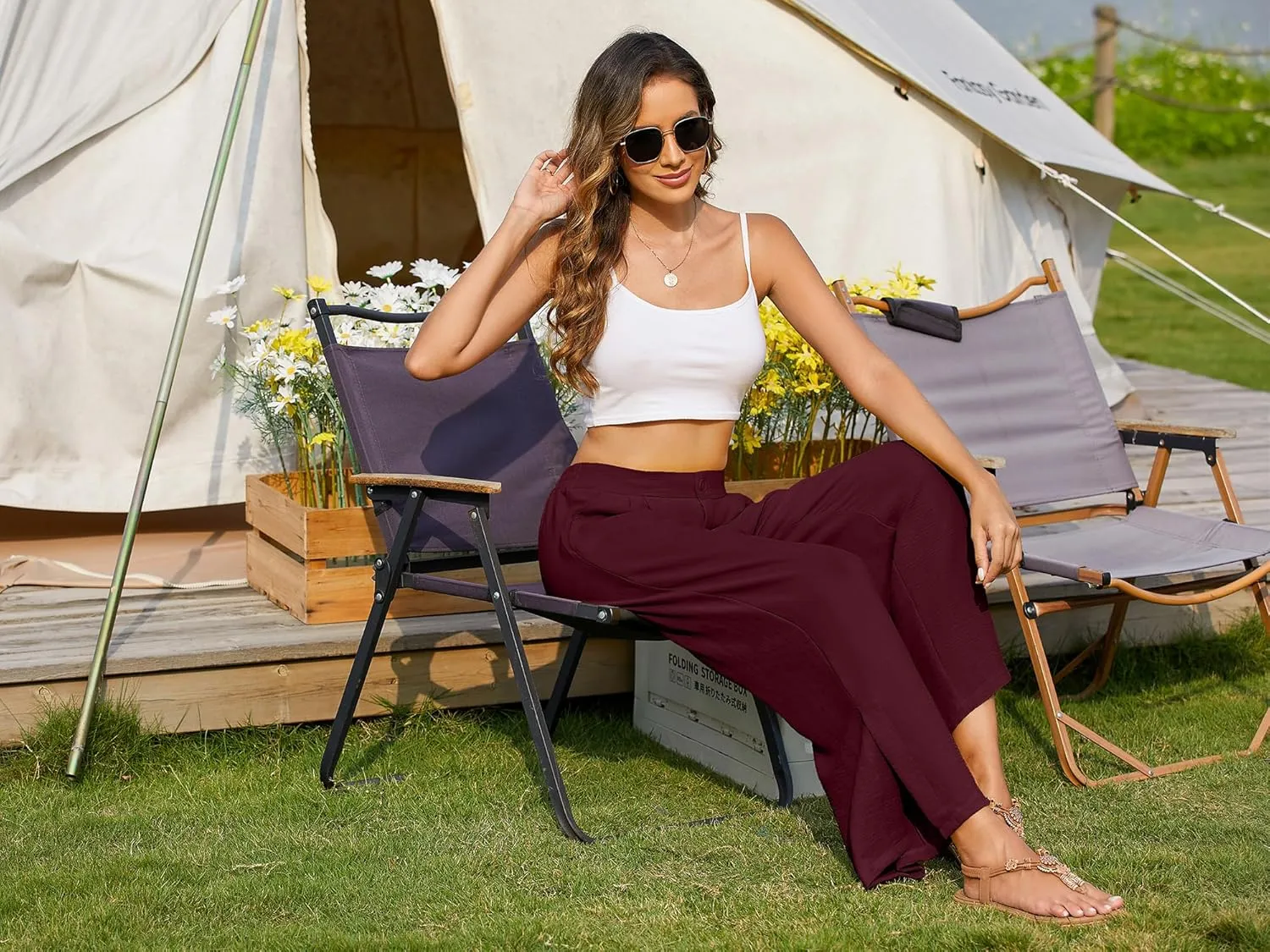 Women's Casual Wide Leg Pants Elastic High Waist Button Up Capri Palazzo Trousers with Pockets