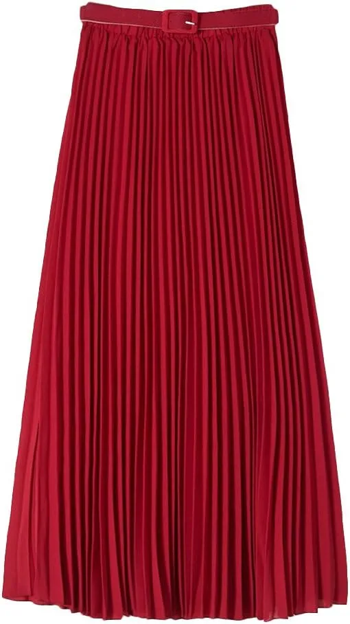 Womens Chiffon Pleated Bohemian Beach Maxi Skirt High Elastic Waist Swing A-line Skirt with Belt