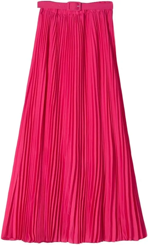 Womens Chiffon Pleated Bohemian Beach Maxi Skirt High Elastic Waist Swing A-line Skirt with Belt