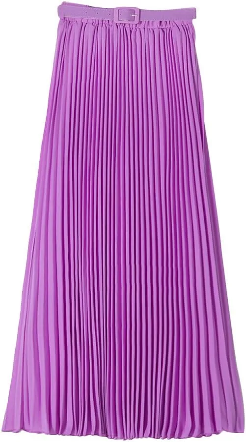 Womens Chiffon Pleated Bohemian Beach Maxi Skirt High Elastic Waist Swing A-line Skirt with Belt