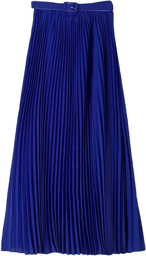 Womens Chiffon Pleated Bohemian Beach Maxi Skirt High Elastic Waist Swing A-line Skirt with Belt