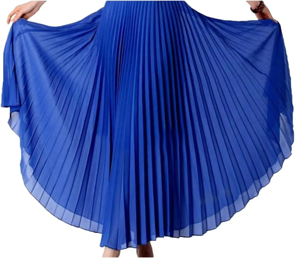 Womens Chiffon Pleated Bohemian Beach Maxi Skirt High Elastic Waist Swing A-line Skirt with Belt