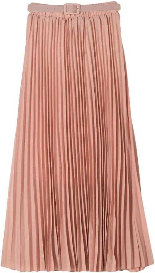 Womens Chiffon Pleated Bohemian Beach Maxi Skirt High Elastic Waist Swing A-line Skirt with Belt