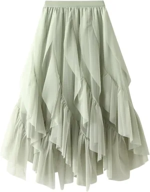 Women's Elegant Elastic Waist Flowy Fairy Ruffle Chiffon Skirts High Waisted A-Line Tirm Skirt with Handkerchief Hem