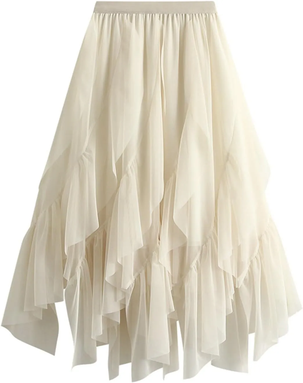 Women's Elegant Elastic Waist Flowy Fairy Ruffle Chiffon Skirts High Waisted A-Line Tirm Skirt with Handkerchief Hem