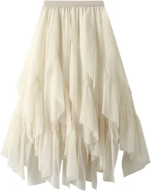 Women's Elegant Elastic Waist Flowy Fairy Ruffle Chiffon Skirts High Waisted A-Line Tirm Skirt with Handkerchief Hem
