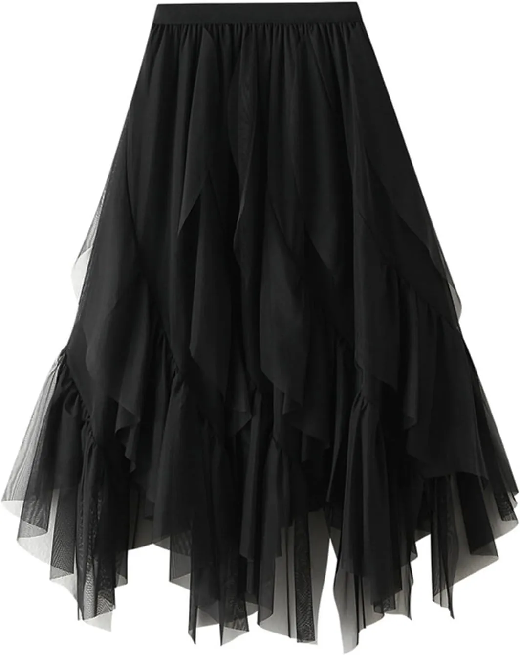 Women's Elegant Elastic Waist Flowy Fairy Ruffle Chiffon Skirts High Waisted A-Line Tirm Skirt with Handkerchief Hem