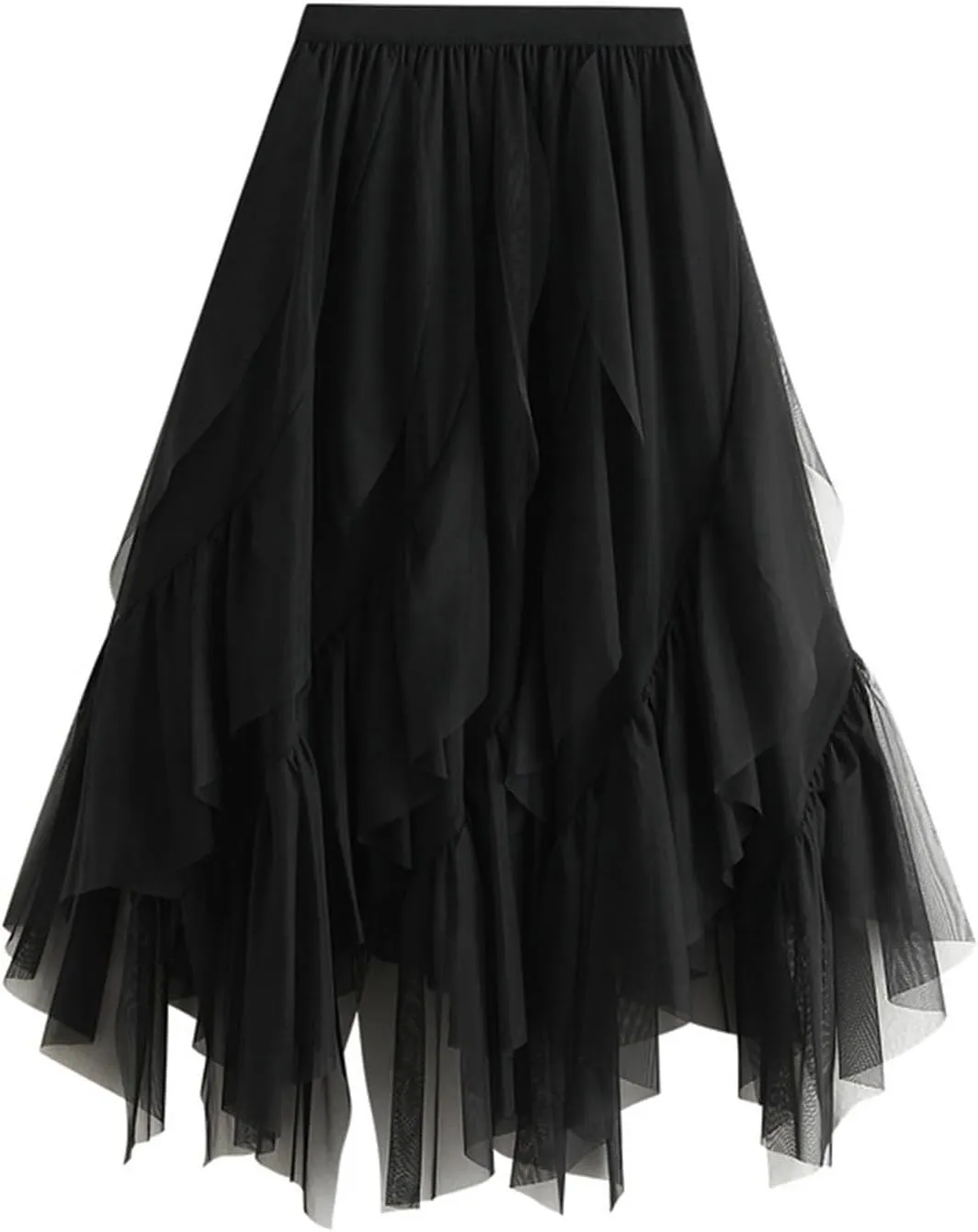 Women's Elegant Elastic Waist Flowy Fairy Ruffle Chiffon Skirts High Waisted A-Line Tirm Skirt with Handkerchief Hem