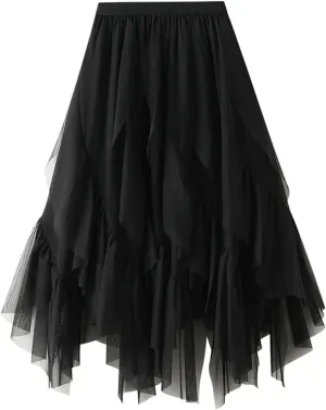 Women's Elegant Elastic Waist Flowy Fairy Ruffle Chiffon Skirts High Waisted A-Line Tirm Skirt with Handkerchief Hem