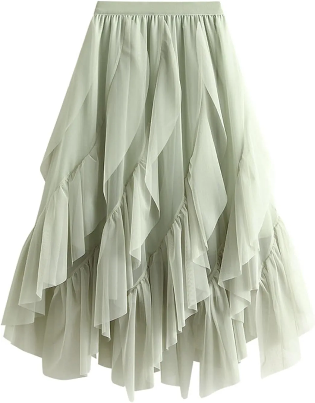 Women's Elegant Elastic Waist Flowy Fairy Ruffle Chiffon Skirts High Waisted A-Line Tirm Skirt with Handkerchief Hem