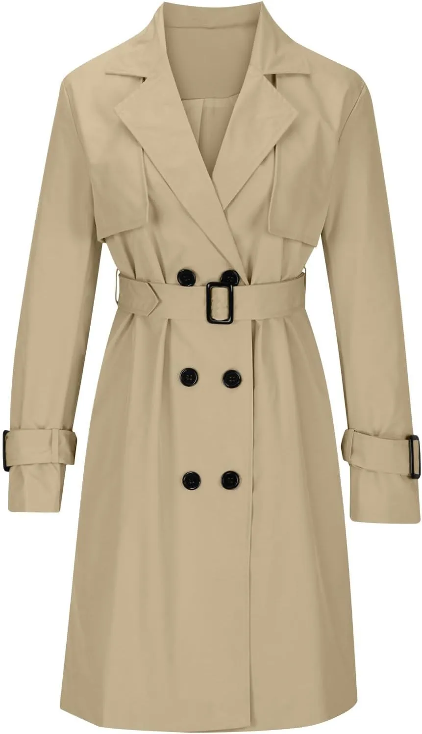 Women's Fashion Autumn Winter Solid Color Double Breasted Trench Coat Trendy Coats