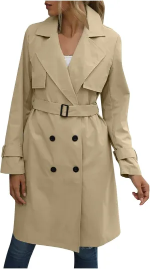 Women's Fashion Autumn Winter Solid Color Double Breasted Trench Coat Trendy Coats