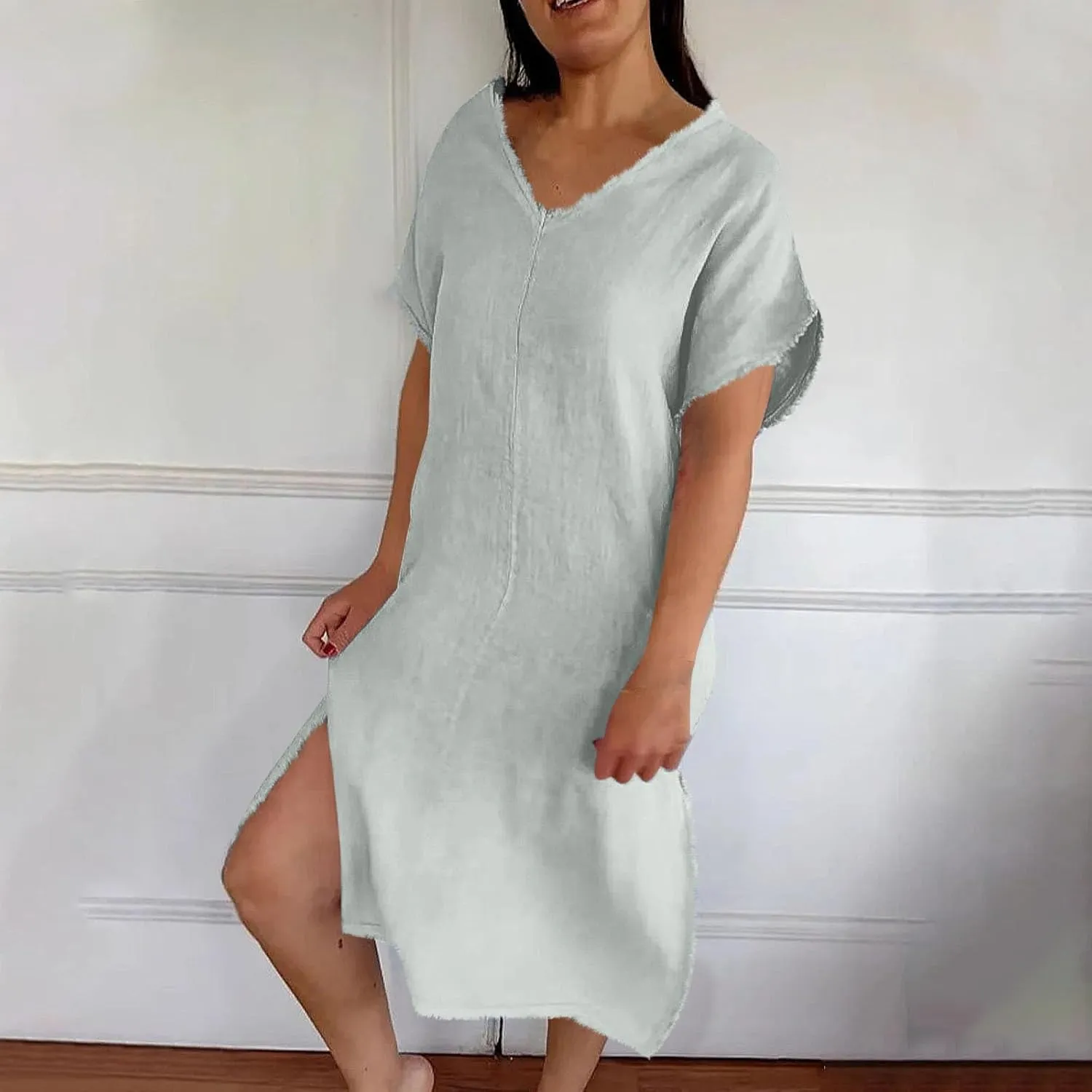 Women's Flowy Summer Dress 2025 Trendy Short Sleeve V Neck Swing Dresses Fashion Smooth Side Split Dresses