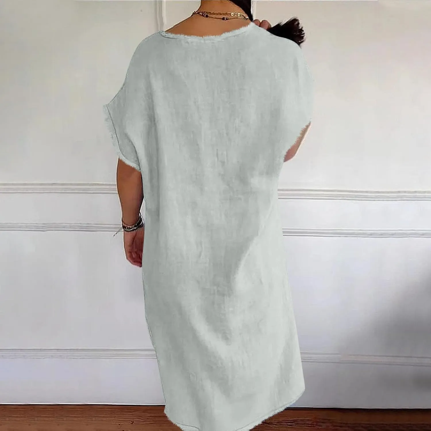 Women's Flowy Summer Dress 2025 Trendy Short Sleeve V Neck Swing Dresses Fashion Smooth Side Split Dresses