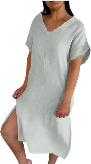 Women's Flowy Summer Dress 2025 Trendy Short Sleeve V Neck Swing Dresses Fashion Smooth Side Split Dresses
