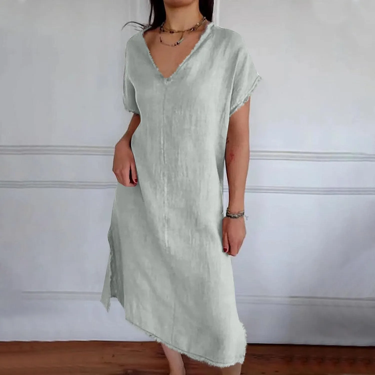 Women's Flowy Summer Dress 2025 Trendy Short Sleeve V Neck Swing Dresses Fashion Smooth Side Split Dresses
