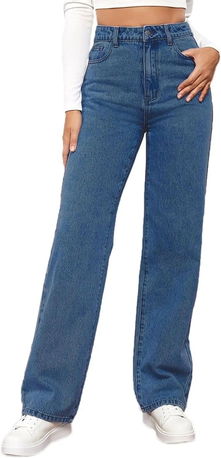 Women's High Waist Washed Ripped Jeans,Vintage Loose Fit Straight Leg Denim Trousers,Casual Stretch Comfort Pants