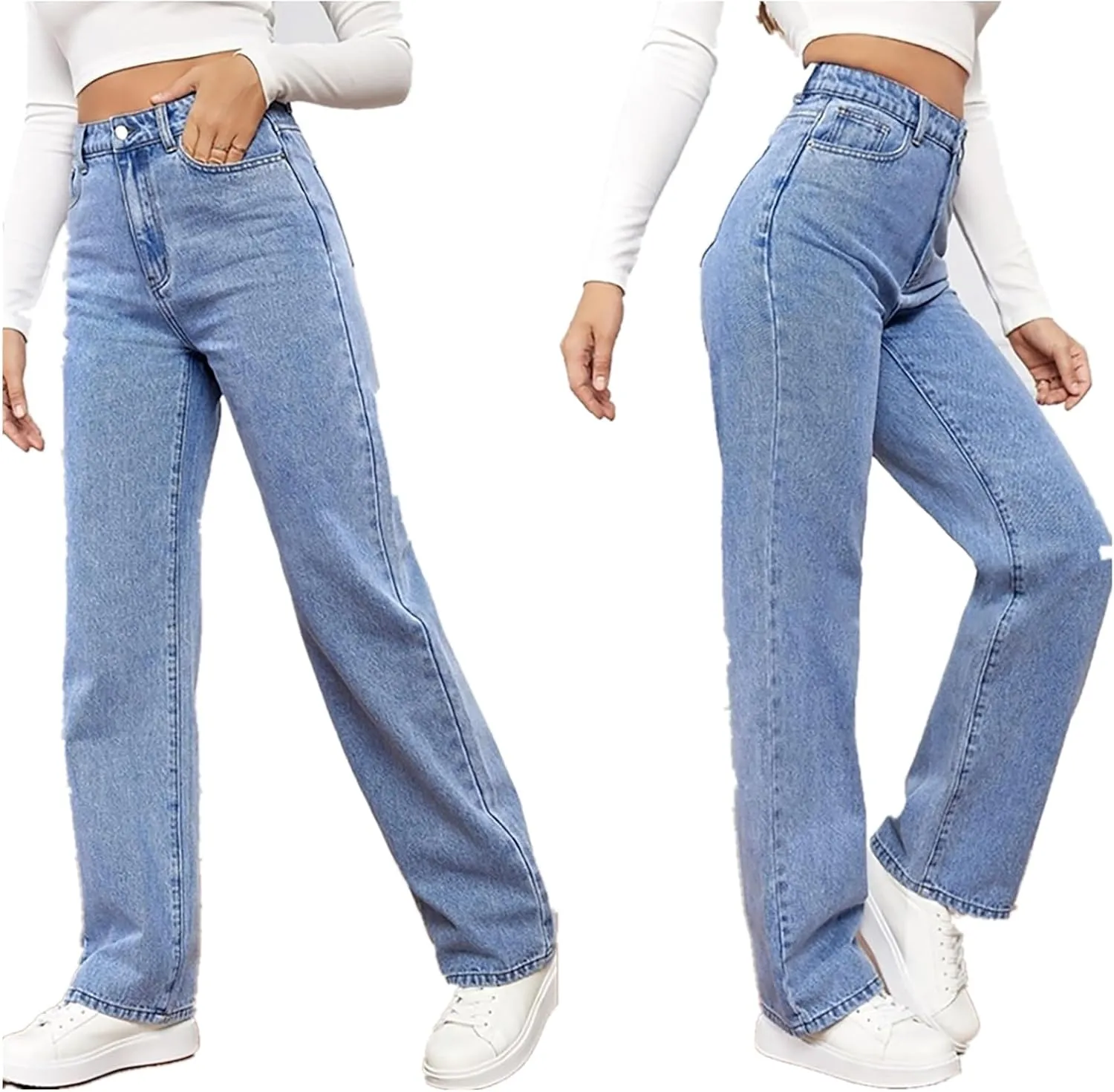 Women's High Waist Washed Ripped Jeans,Vintage Loose Fit Straight Leg Denim Trousers,Casual Stretch Comfort Pants
