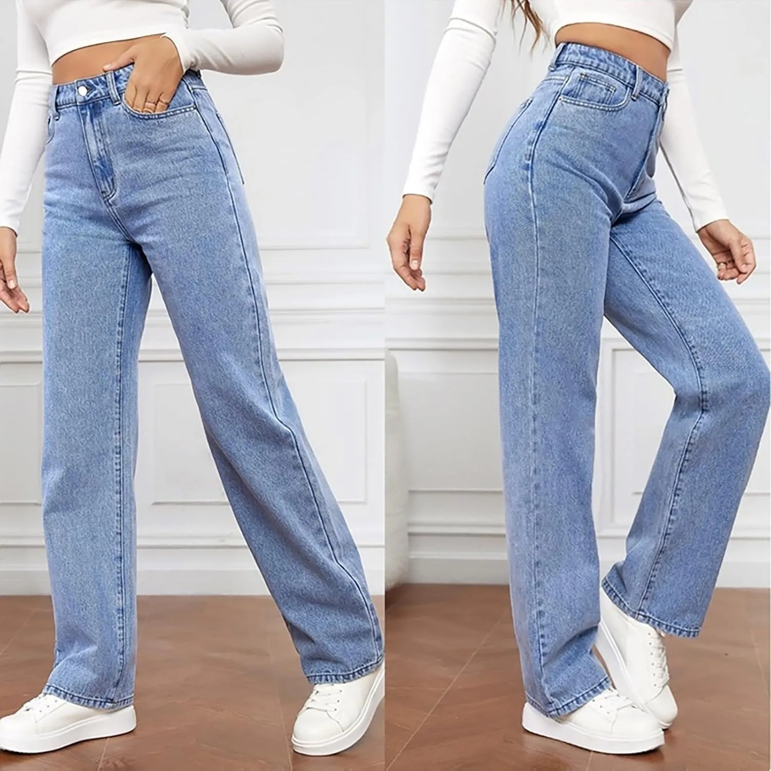 Women's High Waist Washed Ripped Jeans,Vintage Loose Fit Straight Leg Denim Trousers,Casual Stretch Comfort Pants