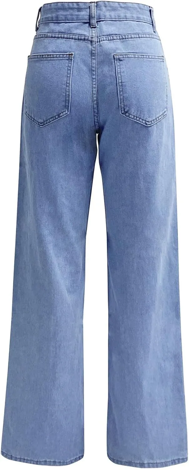 Women's High Waist Washed Ripped Jeans,Vintage Loose Fit Straight Leg Denim Trousers,Casual Stretch Comfort Pants