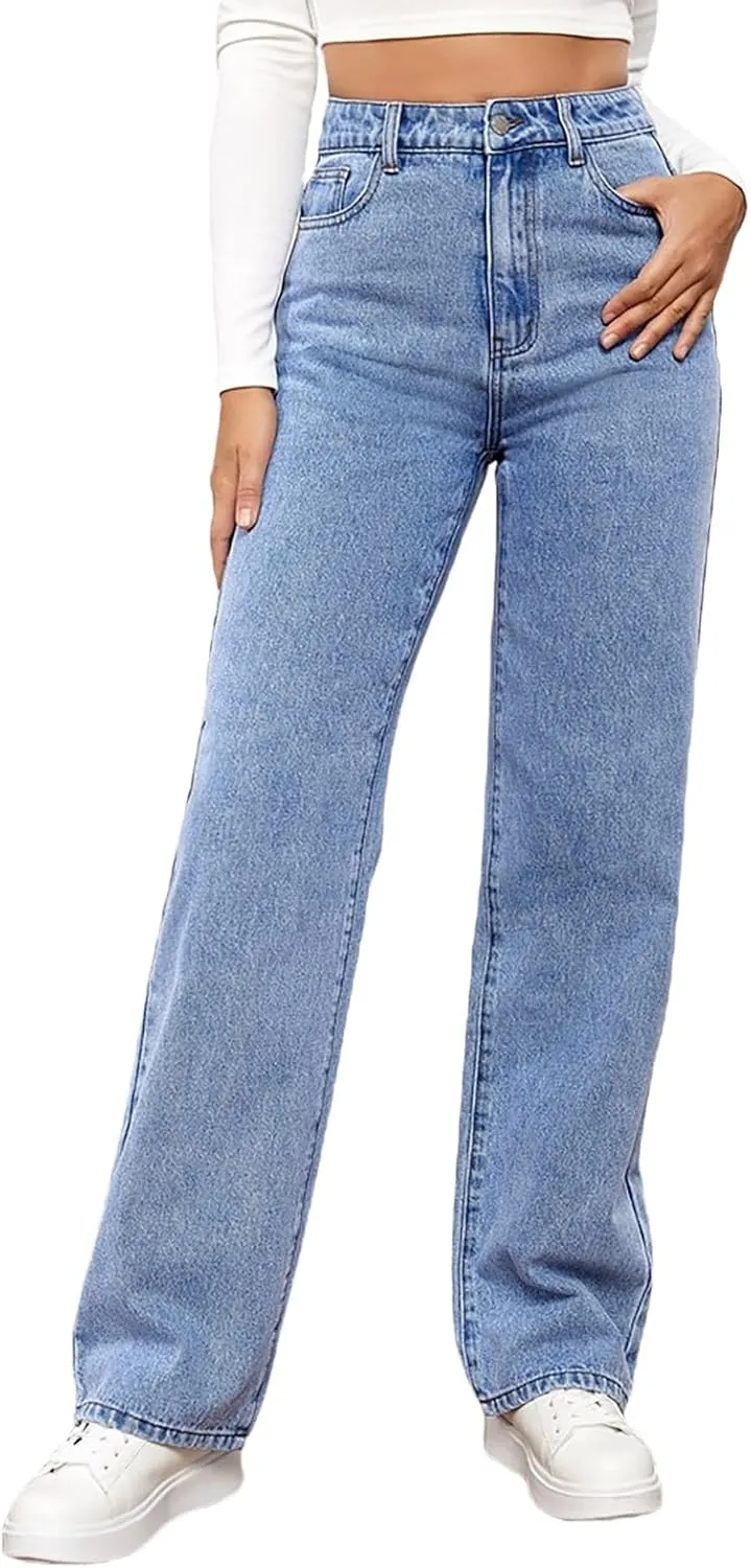 Women's High Waist Washed Ripped Jeans,Vintage Loose Fit Straight Leg Denim Trousers,Casual Stretch Comfort Pants