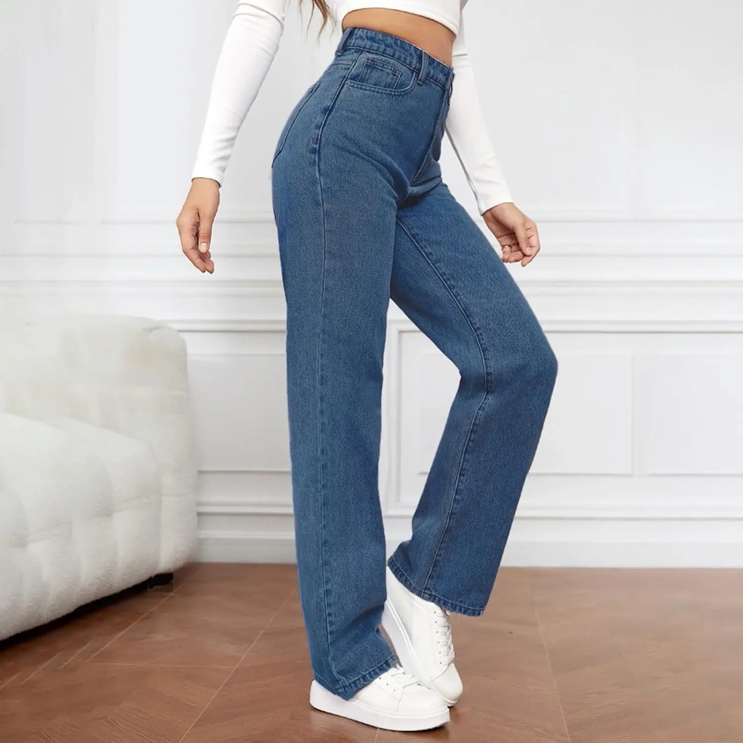 Women's High Waist Washed Ripped Jeans,Vintage Loose Fit Straight Leg Denim Trousers,Casual Stretch Comfort Pants