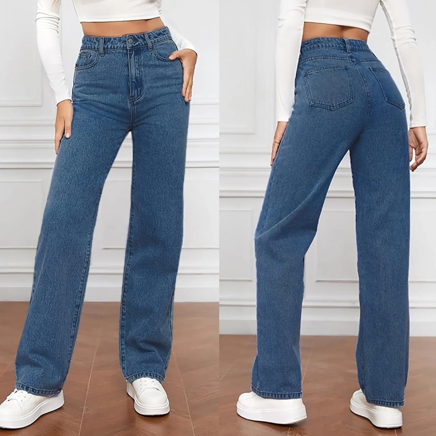 Women's High Waist Washed Ripped Jeans,Vintage Loose Fit Straight Leg Denim Trousers,Casual Stretch Comfort Pants