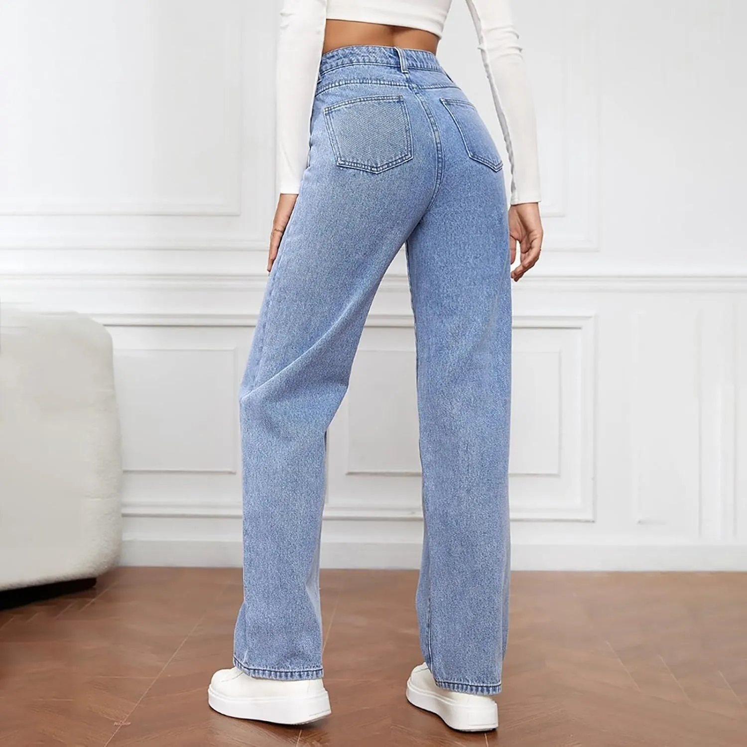 Women's High Waist Washed Ripped Jeans,Vintage Loose Fit Straight Leg Denim Trousers,Casual Stretch Comfort Pants