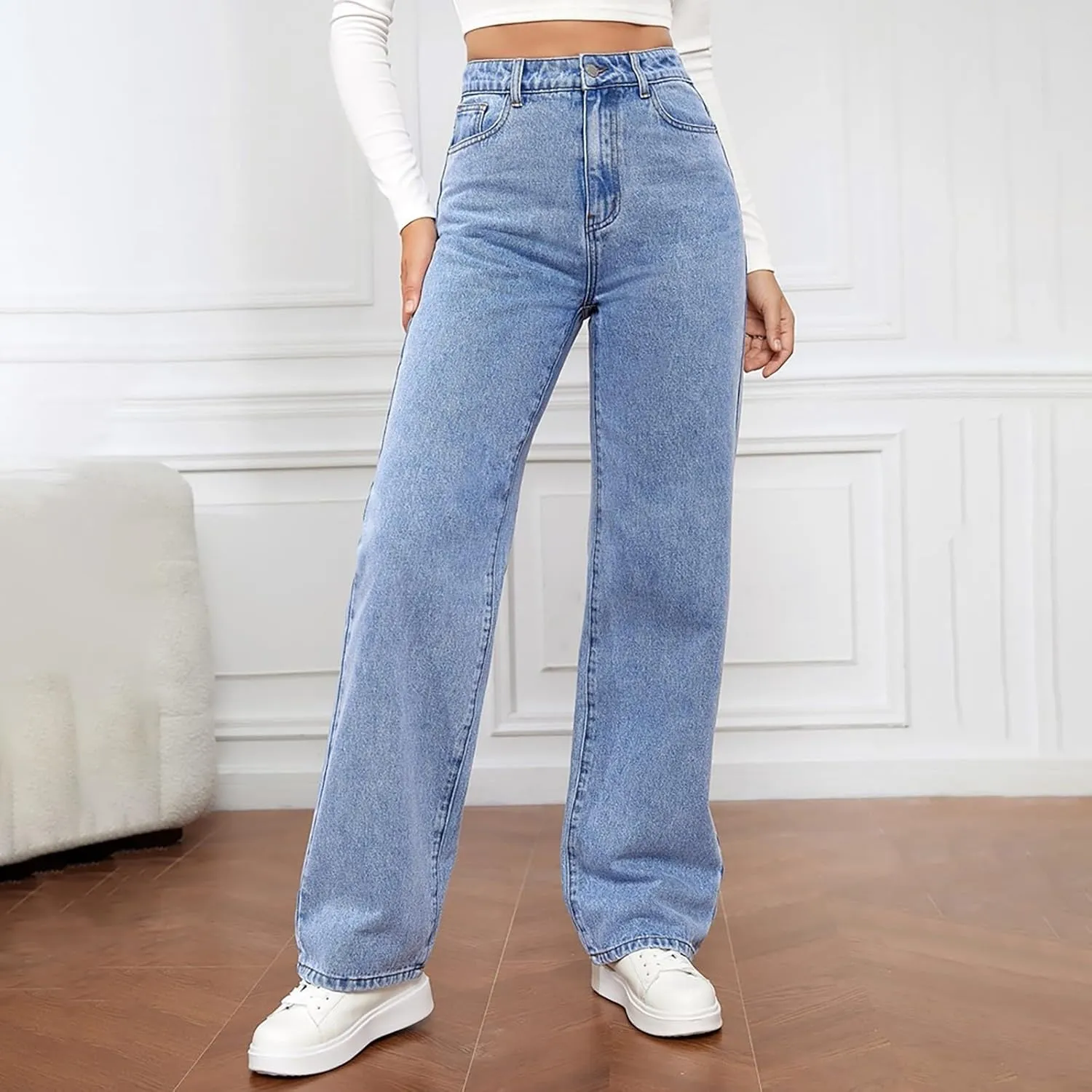 Women's High Waist Washed Ripped Jeans,Vintage Loose Fit Straight Leg Denim Trousers,Casual Stretch Comfort Pants