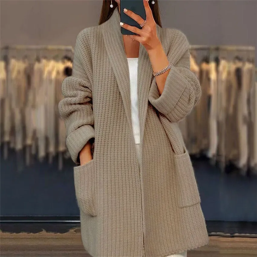 Womens Knit Cardigan  Oversized Fit  Chunky Wool Blend  Longline Open Front  Pockets