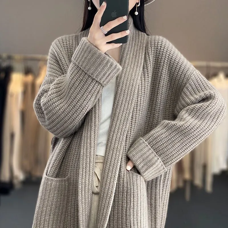 Womens Knit Cardigan  Oversized Fit  Chunky Wool Blend  Longline Open Front  Pockets