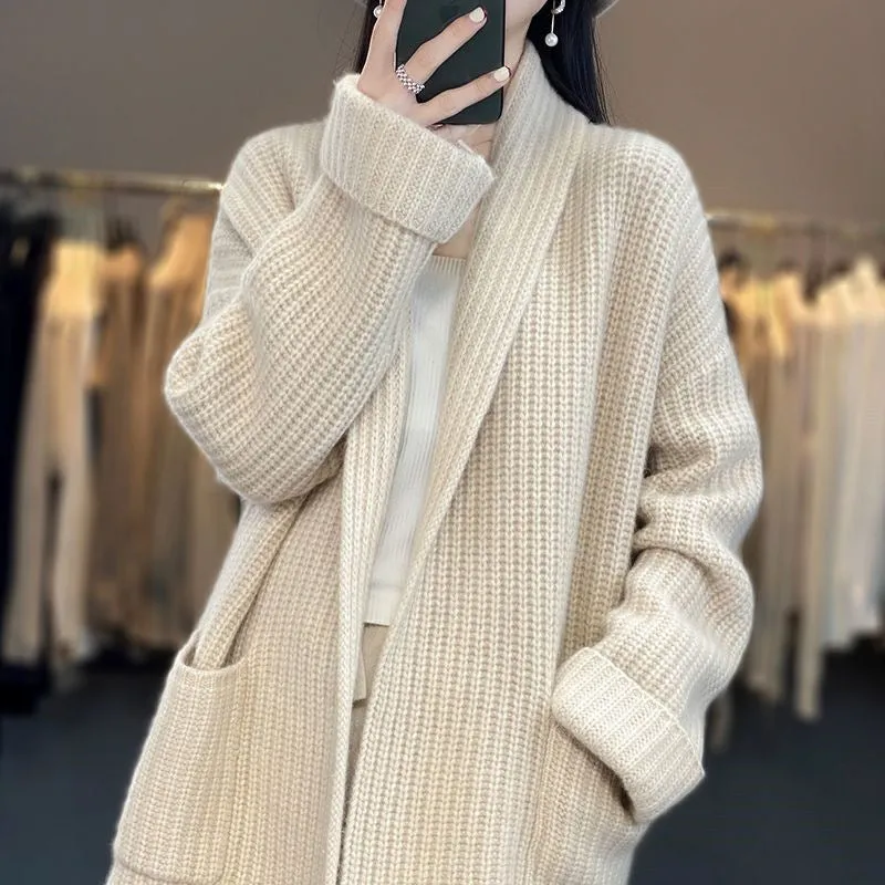 Womens Knit Cardigan  Oversized Fit  Chunky Wool Blend  Longline Open Front  Pockets
