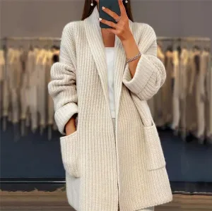 Womens Knit Cardigan  Oversized Fit  Chunky Wool Blend  Longline Open Front  Pockets