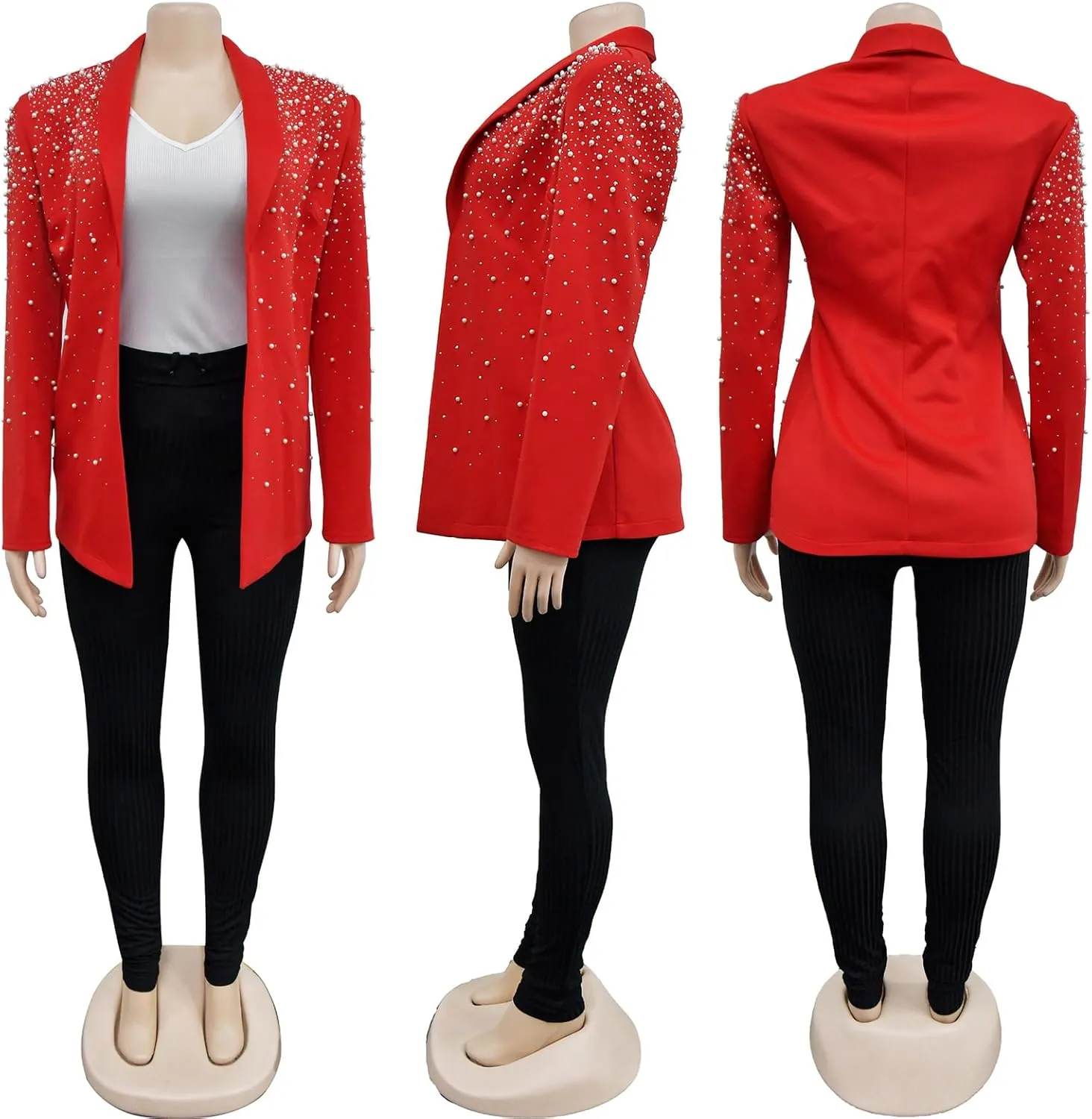 Women's Long Sleeve Lapel Pearls Rhinestones Sexy Nightclub Party Cardigan Blazer Jackets