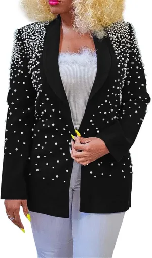 Women's Long Sleeve Lapel Pearls Rhinestones Sexy Nightclub Party Cardigan Blazer Jackets