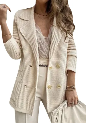 Womens Long Sleeve Tweed Double Breasted Blazer Jackets Lapel Ribbed Open Front Fall Blazers Coats with Pockets