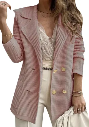 Womens Long Sleeve Tweed Double Breasted Blazer Jackets Lapel Ribbed Open Front Fall Blazers Coats with Pockets