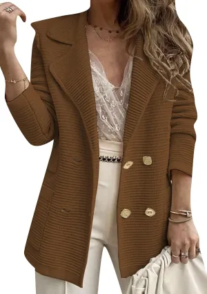 Womens Long Sleeve Tweed Double Breasted Blazer Jackets Lapel Ribbed Open Front Fall Blazers Coats with Pockets