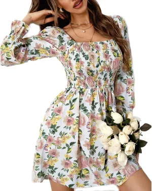 Womens Off Shoulder Floral Print Mini Dress Elastic High Waist Ruffle Summer Dress Long Sleeves Square Neck Beach Dress (White, Medium)
