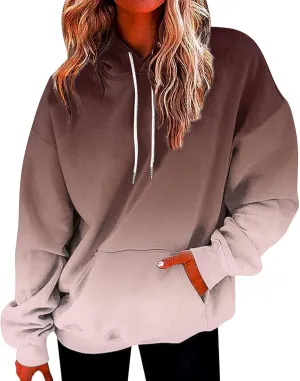 Women's Oversized Y2K Hoodies Pullover Tops Gradient Hooded Sweatshirts Fall Fashion Pocket Long Sleeve Blouse Outfits