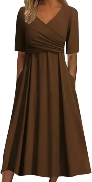 Womens Plain V Neck Short Sleeve Midi Dresses with Pockets Casual Crossover Flowy Ruffle Tunic A Line Wedding Dress