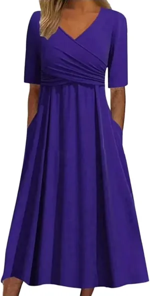 Womens Plain V Neck Short Sleeve Midi Dresses with Pockets Casual Crossover Flowy Ruffle Tunic A Line Wedding Dress
