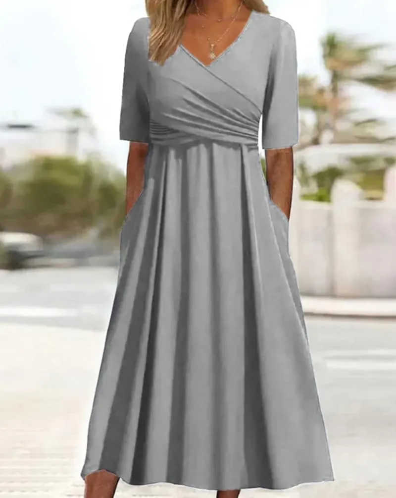 Womens Plain V Neck Short Sleeve Midi Dresses with Pockets Casual Crossover Flowy Ruffle Tunic A Line Wedding Dress