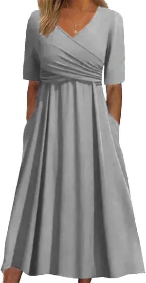 Womens Plain V Neck Short Sleeve Midi Dresses with Pockets Casual Crossover Flowy Ruffle Tunic A Line Wedding Dress