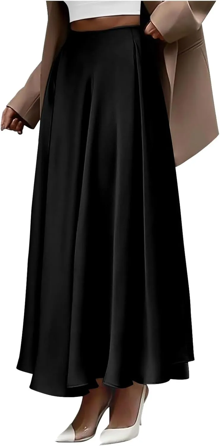 Womens Pleated Satin Maxi Skirt Solid Color High Waisted A Line Office Work Casual Elegant Flowy Fashion Skirts