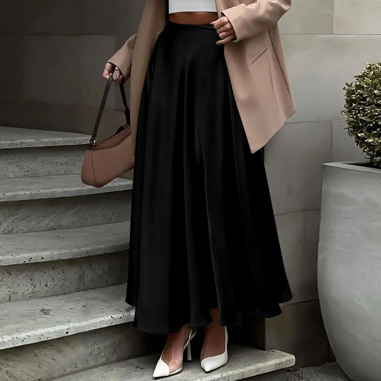 Womens Pleated Satin Maxi Skirt Solid Color High Waisted A Line Office Work Casual Elegant Flowy Fashion Skirts