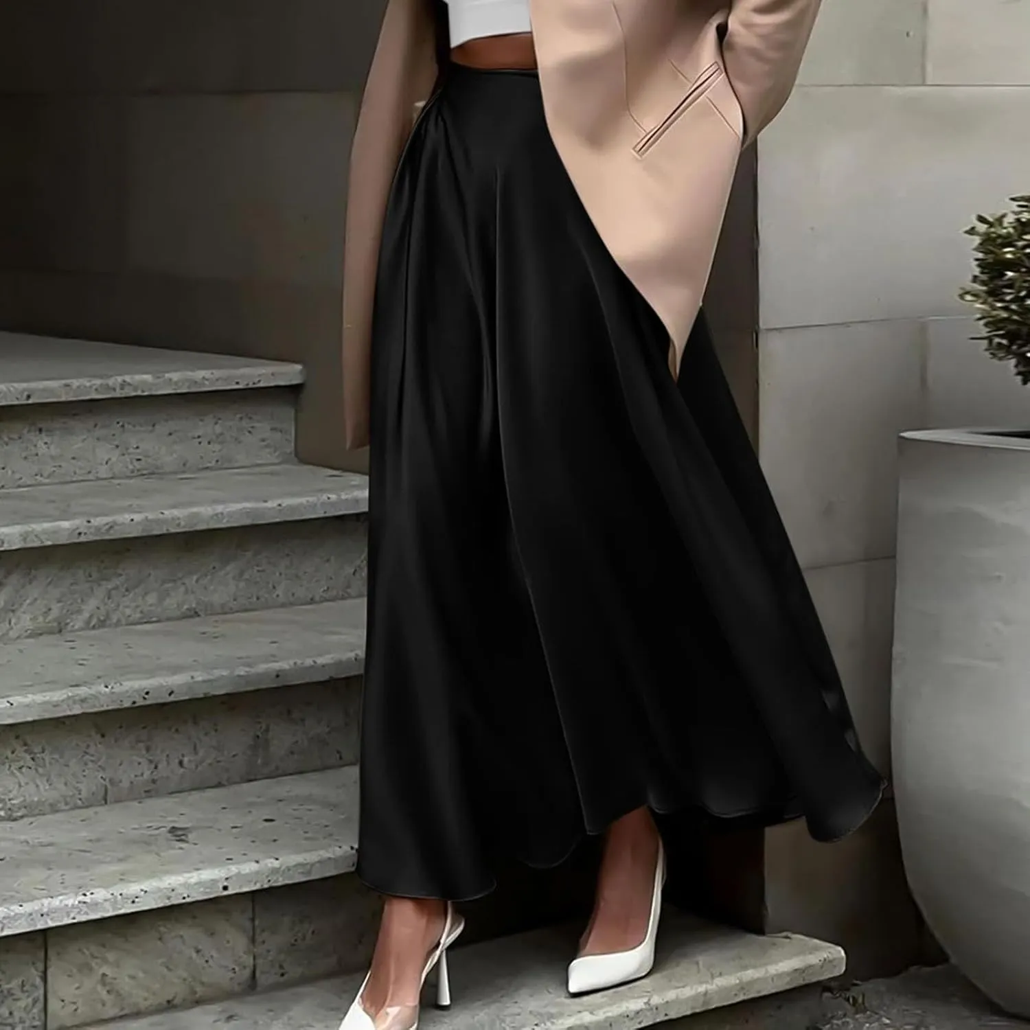 Womens Pleated Satin Maxi Skirt Solid Color High Waisted A Line Office Work Casual Elegant Flowy Fashion Skirts